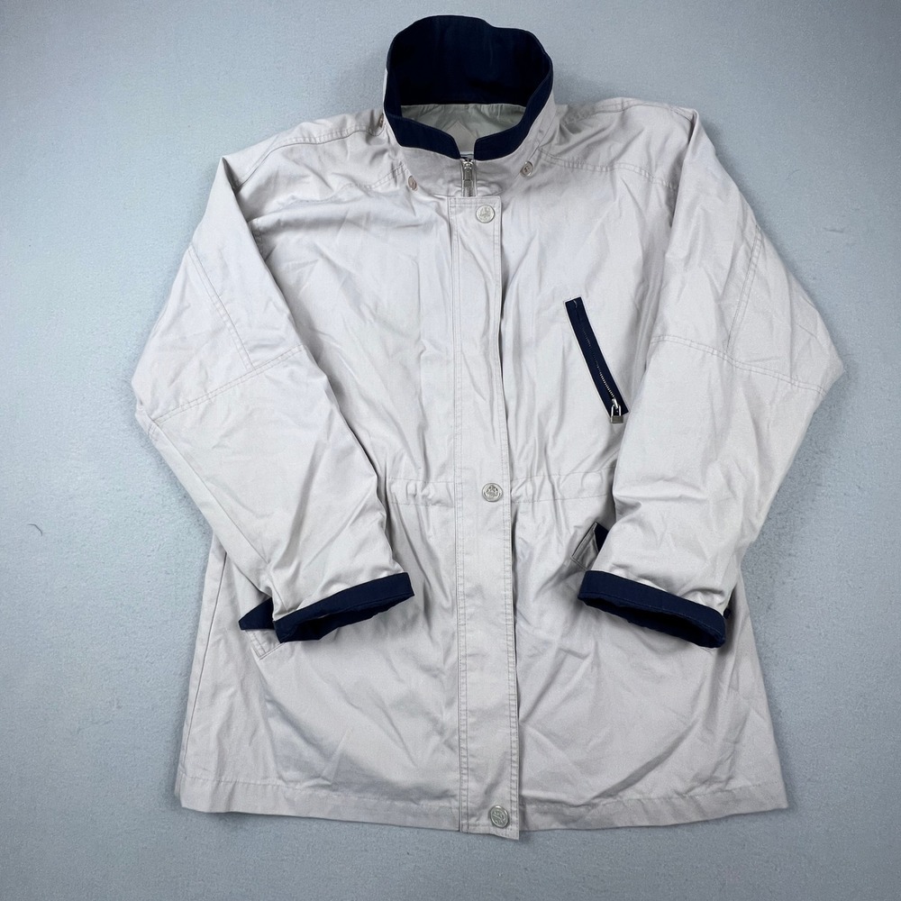 CS Essentials Parka Jacket Womens Large Tan Navy Vintage Zip Up Utility Coat - Picture 15 of 16